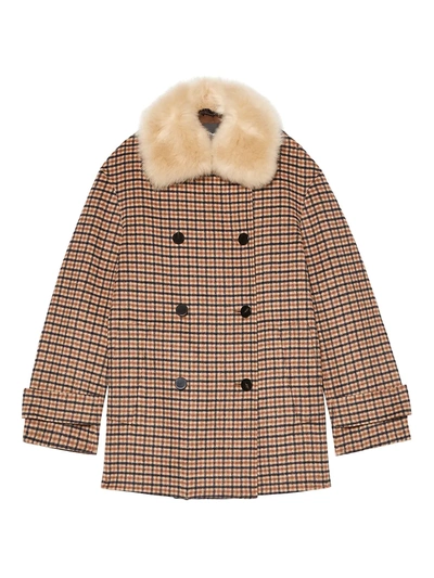 Shop Theory Faux Shearling-collar Plaid Peacoat In Camel Multi