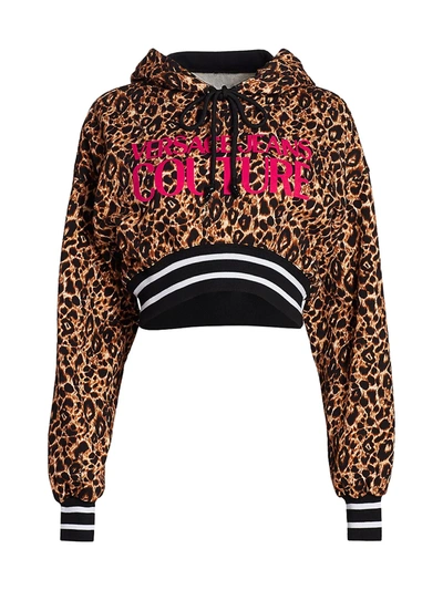 Shop Versace Jeans Couture Leopard Print Cropped Fleece Hoodie In Nero