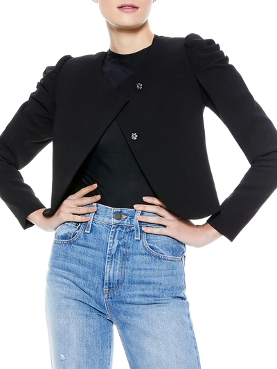 Shop Alice And Olivia Addison Puff-sleeve Cropped Jacket In Black