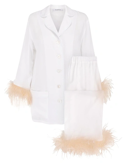 Shop Sleeper 2-piece Ostrich Feather Trim Pajama Set In White