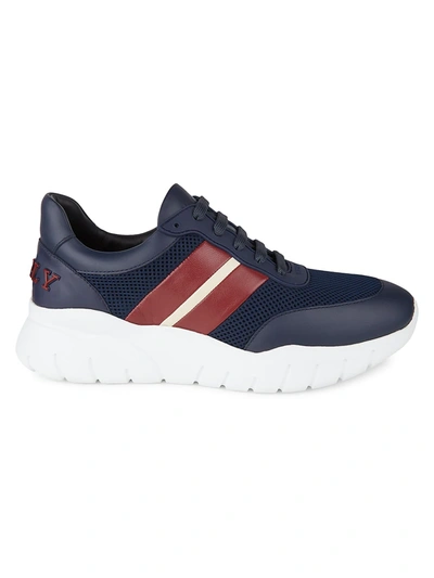 Shop Bally Men's Web Athletic Striped Leather Sneakers In Navy
