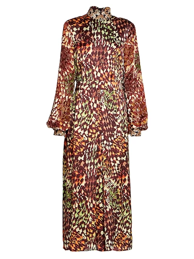 Shop Dries Van Noten Devir Printed Velvet Embellished Turtleneck Midi Dress In Rust