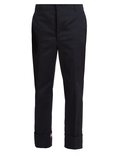Shop Thom Browne Men's Straight-leg Cuffed Trousers In Navy