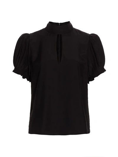 Shop Frame Pleated Puff-sleeve Silk Mockneck Top In Noir