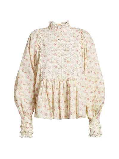 Shop Bytimo Floral Lace Eyelet-trim Puff-sleeve Blouse In Vintage Floral