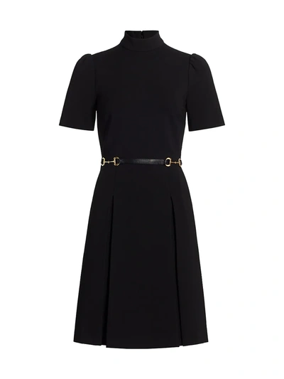 Shop Gucci Women's Stretch Mockneck Horsebit Belted Dress In Black