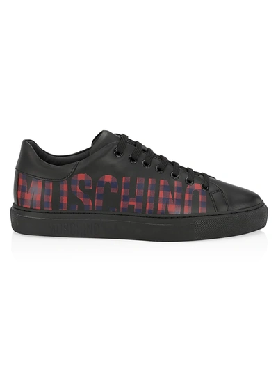Shop Moschino Checkered Logo Leather Low-top Sneakers In Fantasy