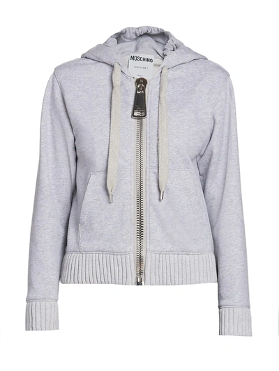 Shop Moschino Oversized Knit Drawstring Zip Hoodie In Grey