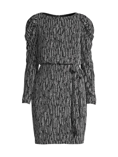 Shop Aidan Mattox Metallic Knit Puff-sleeve Dress In Black Ivory