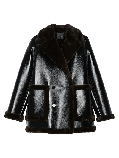 Shop Theory Faux Fur-trimmed Faux Leather Peacoat In Espresso
