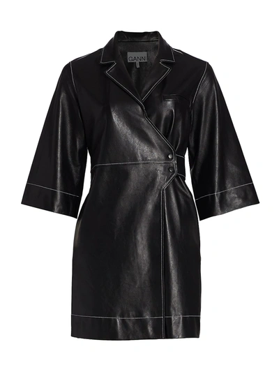 Shop Ganni Leather Wrap Dress In Black