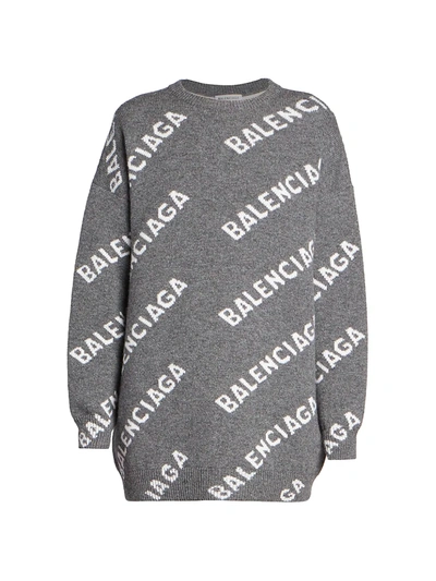 Balenciaga Logo Intarsia Wool-blend Knit Crewneck Sweater In Grey | ModeSens