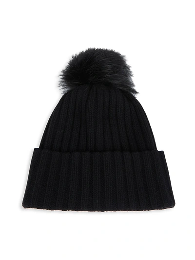 Shop Portolano Faux Fur Pom-pom Ribbed Cashmere Beanie In Black