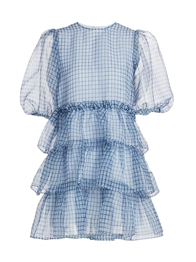 Shop Ganni Puff-sleeve Plaid Organza Dress In Heather