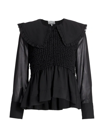 Shop Ganni Ruffle-collar Smocked Chiffon Blouse In Phantom