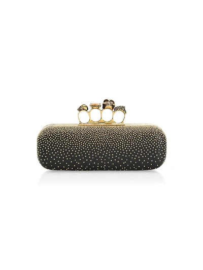 Shop Alexander Mcqueen Skull Four-ring Beaded Leather Long Box Clutch In Black