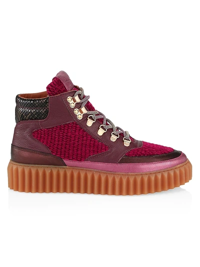 Shop Voile Blanche Eva Embossed Velvet & Leather Hiking Boots In Burgundy