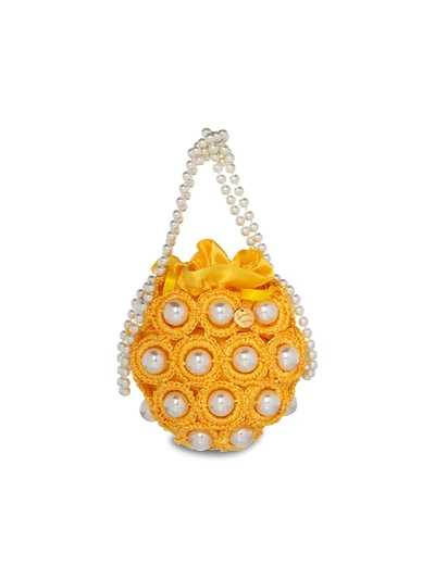 Shop Alameda Turquesa Mini Hana Faux Pearl Woven Top Handle Bag In Yellow