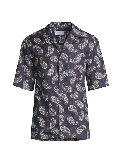 Shop Ferragamo Men's Paisley-print Short-sleeve Camp Shirt In Navy