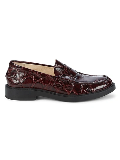 Shop Tod's Croc-embossed Leather Penny Loafers In Burgundy