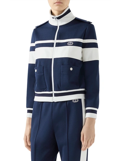 Shop Gucci Women's Striped Jersey Zip Jacket In Blue White