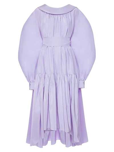 Shop Alexander Mcqueen Puff-sleeve Cotton & Silk High-low Midi Dress In Lavender