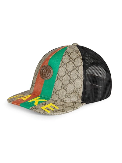 Shop Gucci Men's Gg Supreme Fake/not Print Baseball Hat In Beige Ebony