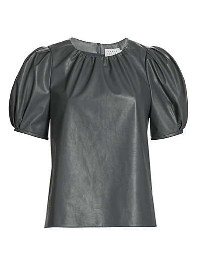 Shop Tanya Taylor Women's Carol Faux Leather Short Puff-sleeve Top In Slate