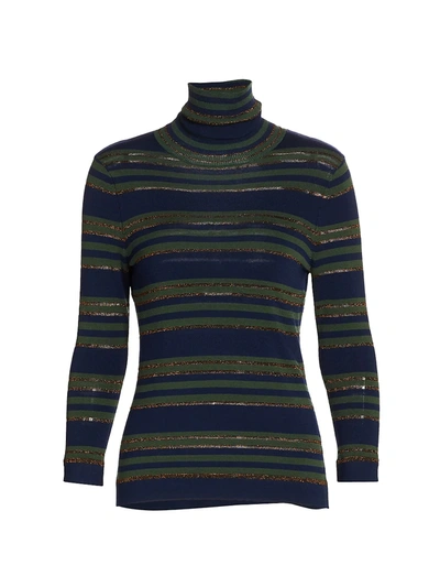 Shop L Agence Harlee Merino Wool-blend Turtleneck Sweater In Olive Bronze Stripe