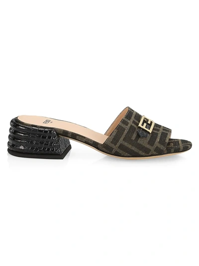 Shop Fendi Ff Fabric & Croc-embossed Leather Mules In Black Logo