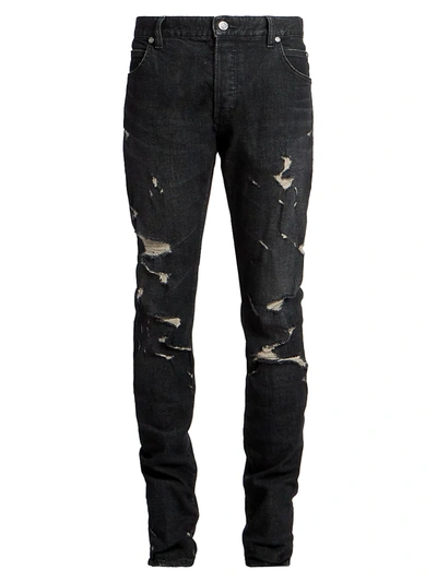 Shop Balmain Men's Distressed Tapered Jeans In Noir