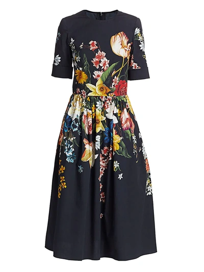 Shop Oscar De La Renta Floral Stretch-cotton Dress In Black Multi