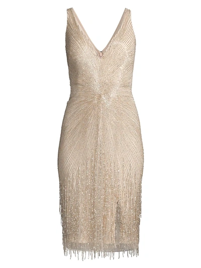 Shop Aidan Mattox Women's V-neck Beaded Cocktail Dress In Champagne