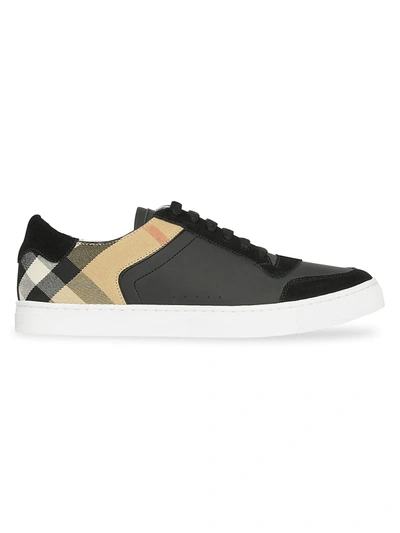 Shop Burberry Men's Reeth Low-top Check Detail Leather Sneakers In Black
