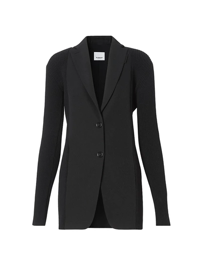 Shop Burberry Ribbed Panel Wool Blazer Jacket In Black