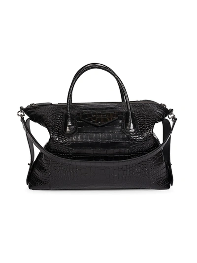 Shop Givenchy Medium Antigona Soft Croc-embossed Leather Tote In Black