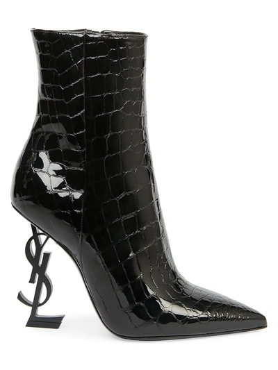 Shop Saint Laurent Opyum Croc-embossed Leather Booties In Nero