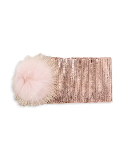 Shop Adrienne Landau Women's Fox Fur Pom-pom Metallic Knit Headband In Rose Gold