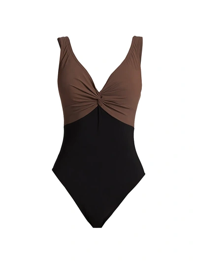 Shop Karla Colletto Swim Isadora V-neck Twist Underwire One-piece Swimsuit In Black Mocha