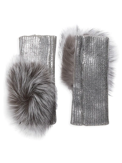 Shop Adrienne Landau Fox Fur Pom-pom Metallic Knit Arm Warmers In Silver