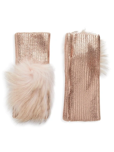 Shop Adrienne Landau Fox Fur Pom-pom Metallic Knit Arm Warmers In Rose Gold