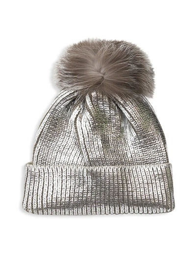 Shop Adrienne Landau Women's Fox Fur Pom-pom Metallic Knit Beanie In Silver