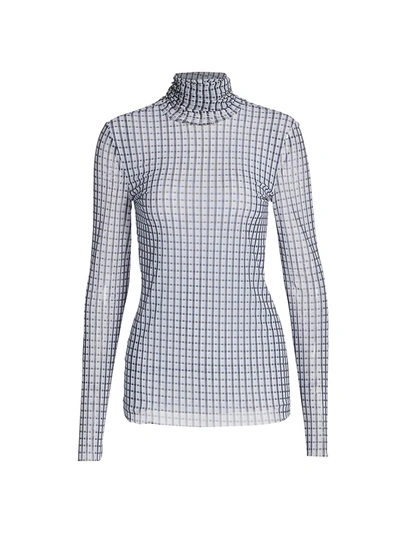 Shop Ganni Printed Mesh Turtleneck Long-sleeve Top In Heather Blue