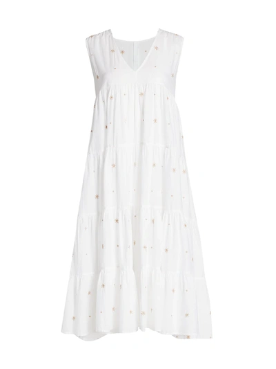 Shop Merlette Chelsea Tiered Embroidered Midi Dress In White Beige