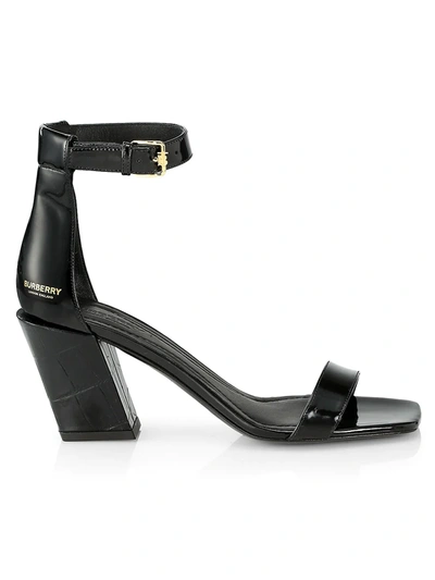 Shop Burberry Women's Pirmont Croc-embossed Angular Heel Sandals In Black