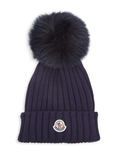 Shop Moncler Fox Fur Pom-pom Ribbed Wool Beanie In Navy