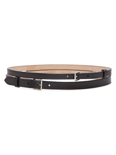 Shop Alexander Mcqueen Women's Thin Double Leather Belt In Black