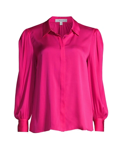 Shop Milly Francia Puff-sleeve Silk-blend Blouse In Shocking Pink