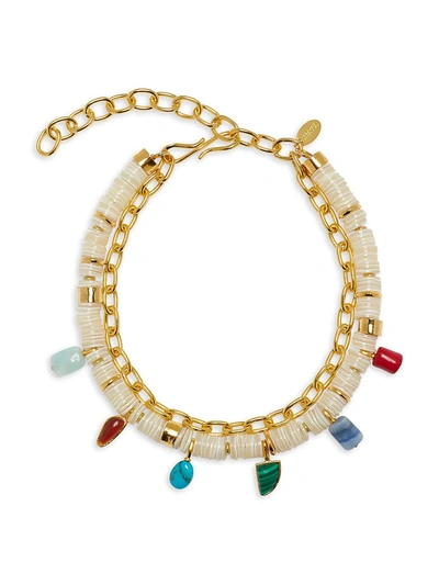 Shop Lizzie Fortunato 18k Goldplated, Mother-of-pearl & Mixed Stone Charm 2-strand Necklace In Amber
