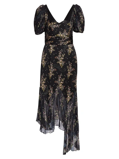 Shop Amur Destiny Puff-sleeve Floral Midi Dress In Black